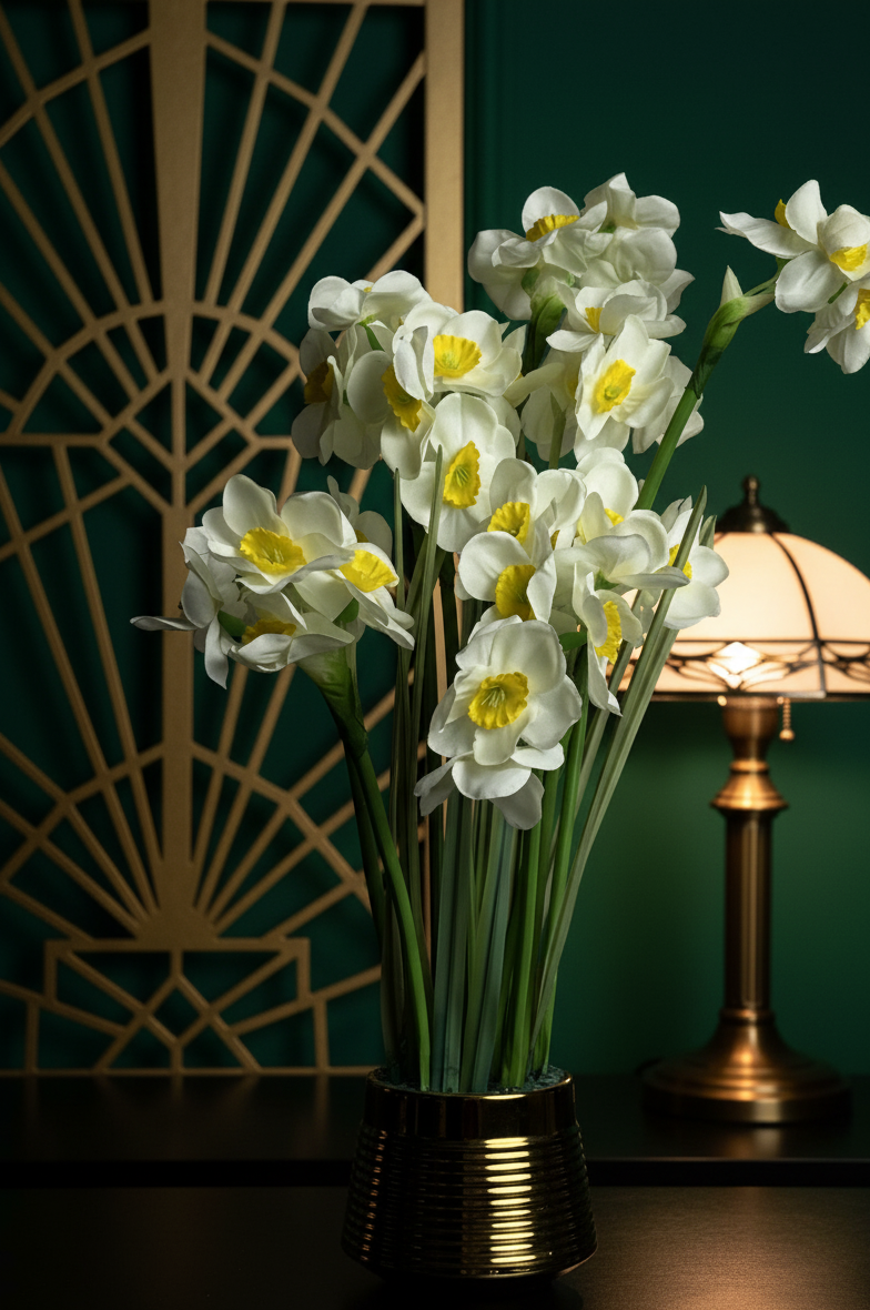 Bouquet of white and yellow flowers in a vase with a lamp in the background