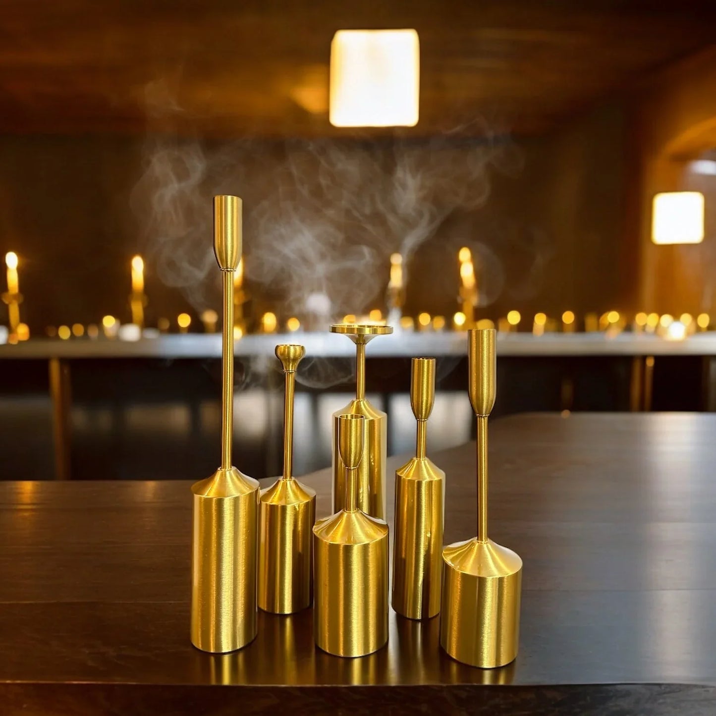 6 PIECE GOLD METAL CANDLE HOLDERS