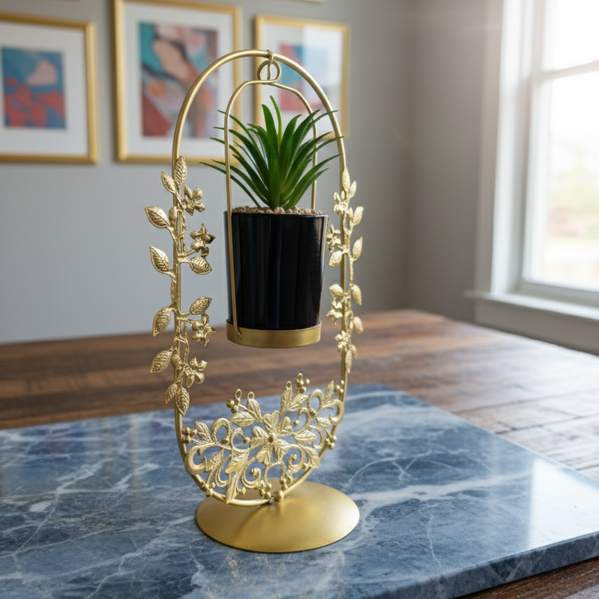 Golden Floral Plant Stand with Artificial Succulent