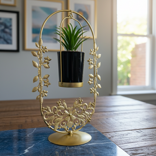 Golden Floral Plant Stand with Artificial Succulent
