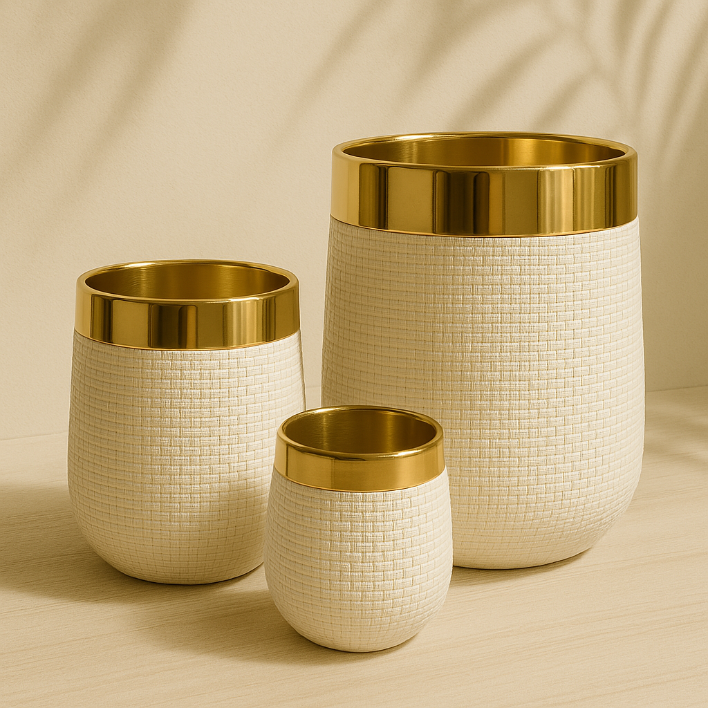WHITE FIBRE POT WITH GOLDEN RING