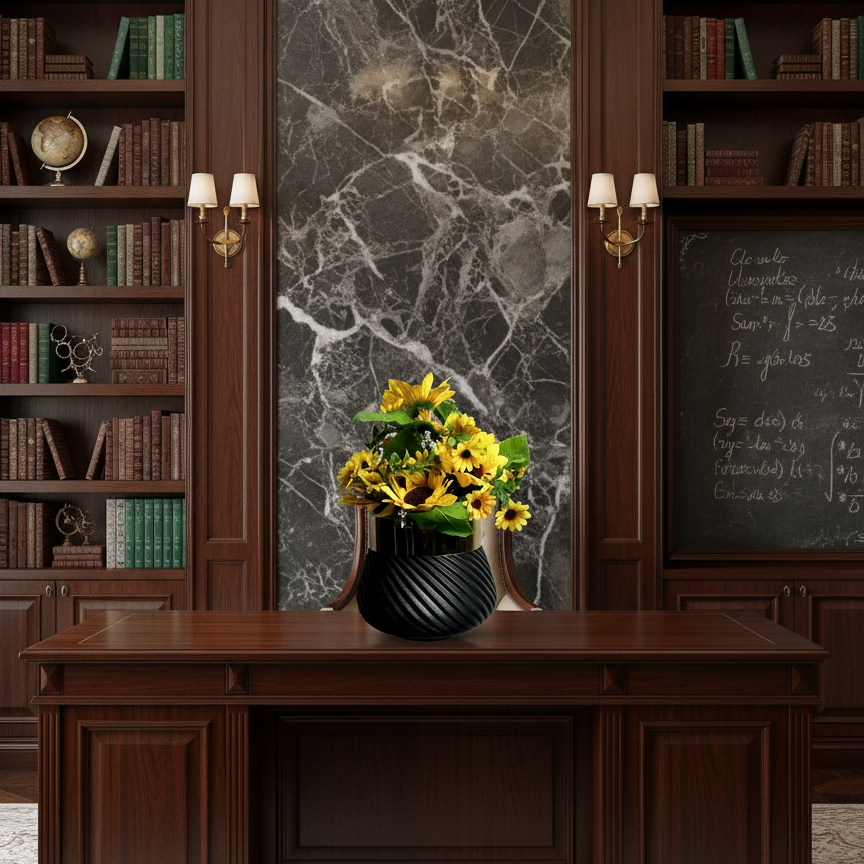 Wooden desk with a vase of yellow flowers in a room with bookshelves and a marble wall.