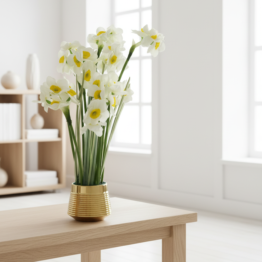 Vase with white flowers on a wooden table in a bright room