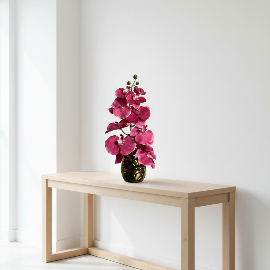 Elegant Fuchsia Orchid Arrangement in Gold Ceramic Vase
