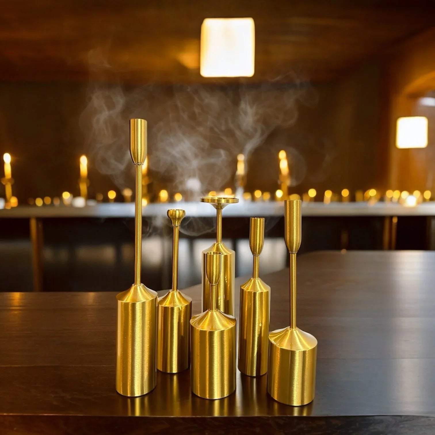 6 PIECE GOLD METAL CANDLE HOLDERS