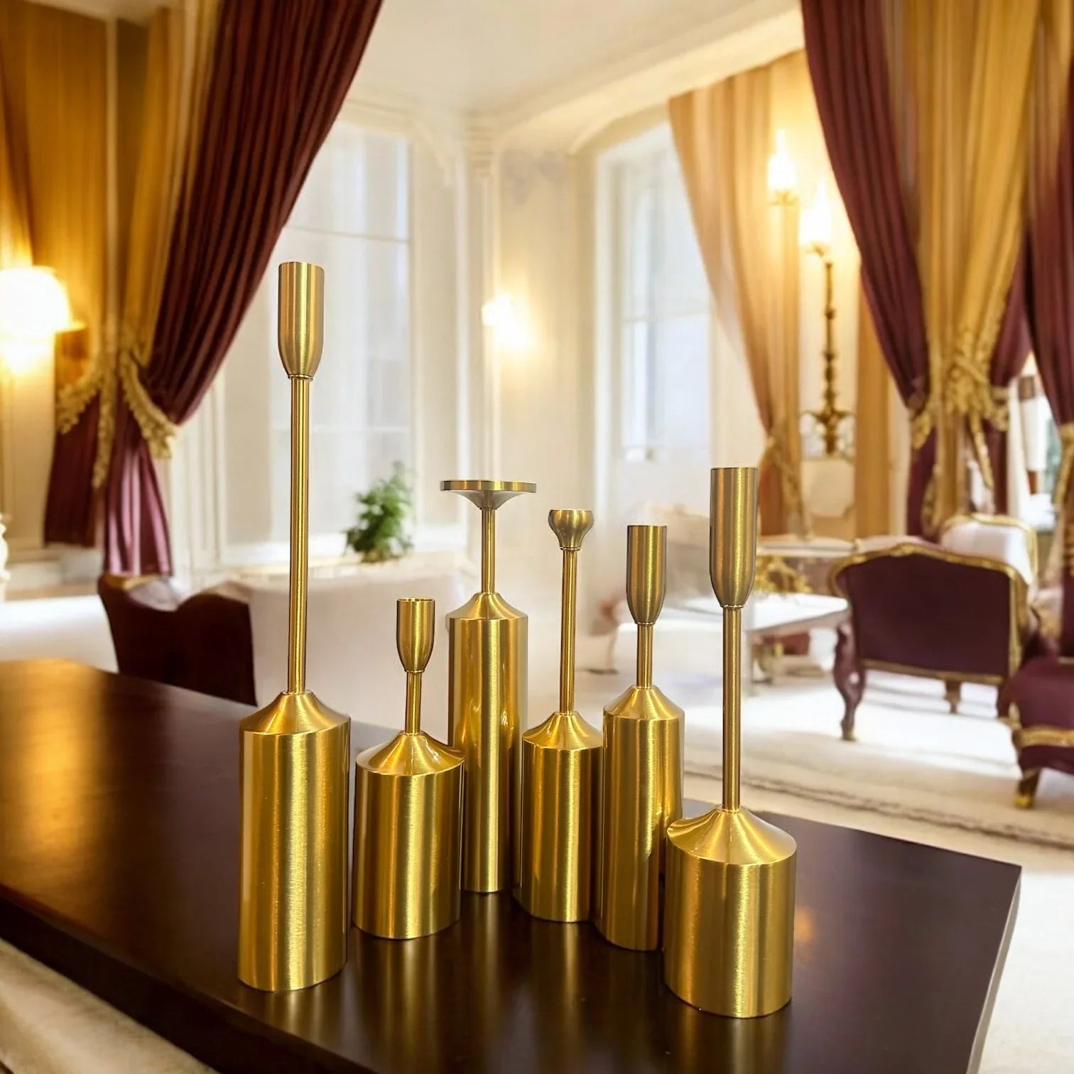 6 PIECE GOLD METAL CANDLE HOLDERS