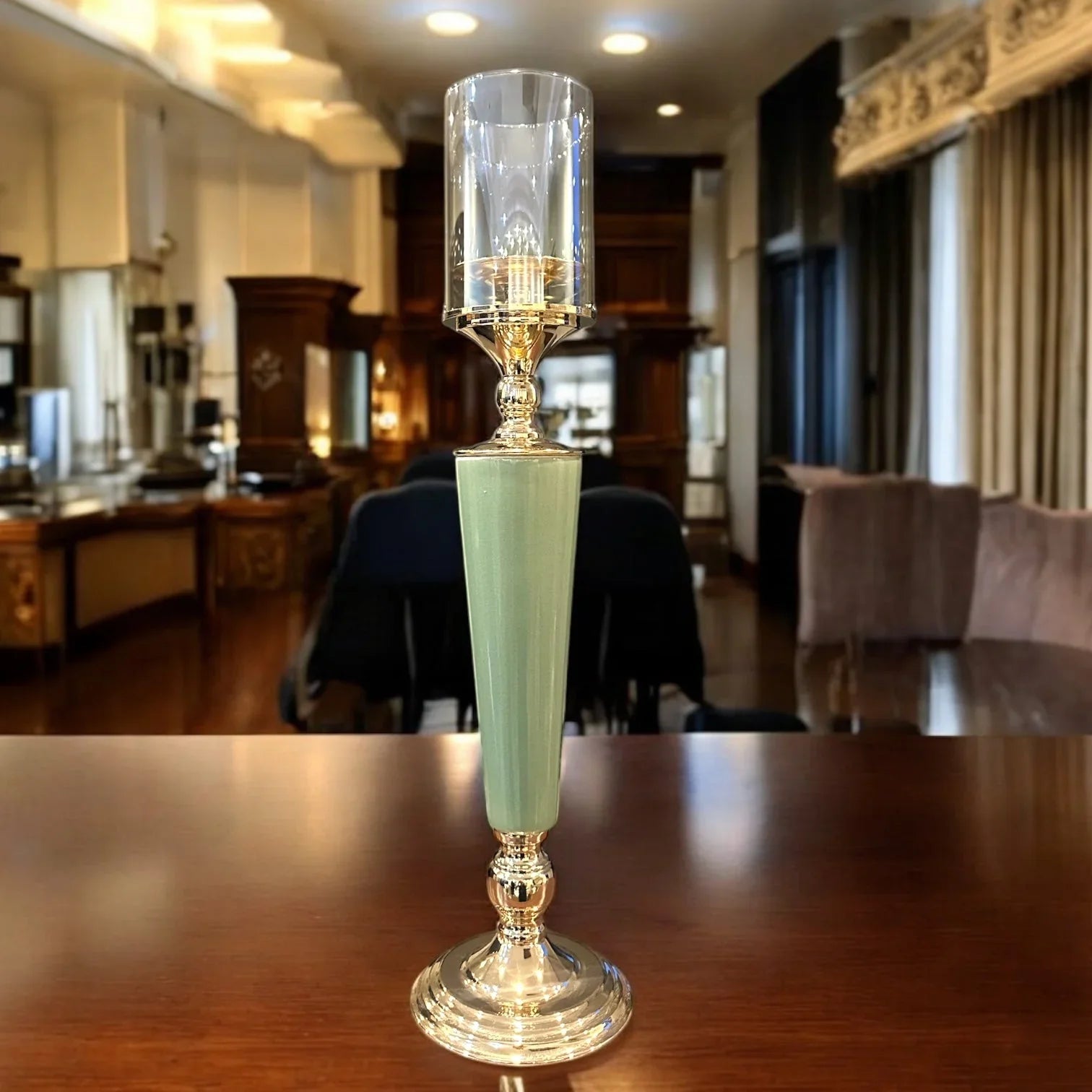 AMBER GREEN GLASS CANDLEHOLDER